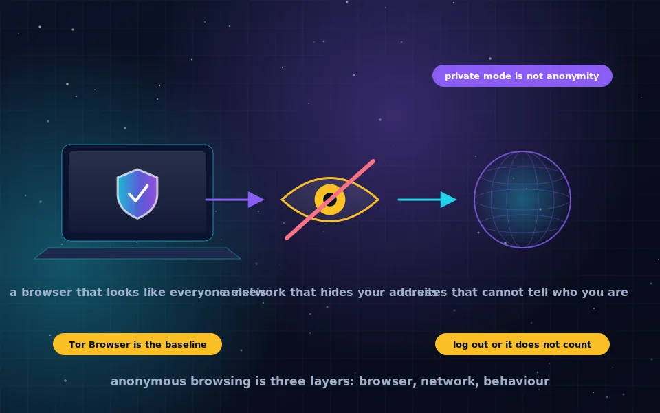 Illustration of anonymous browsing: a browser window with a crossed-out eye, traffic passing through relays to a globe, and a checklist of habits beside it