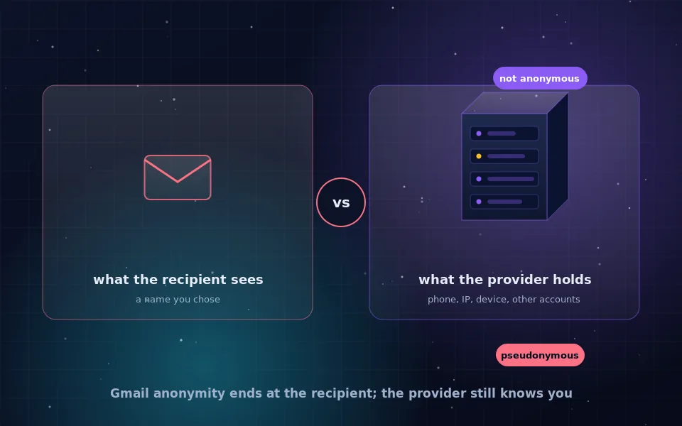 Illustration of a pseudonymous Gmail account: an envelope with a masked sender on the recipient side and a server holding phone, IP and device records on the provider side
