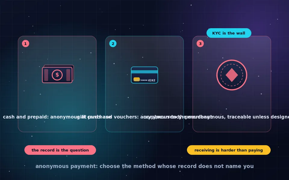 Illustration of anonymous payment options: banknotes, a prepaid card, a gift card and a coin, each with a different level of shading indicating how traceable it is