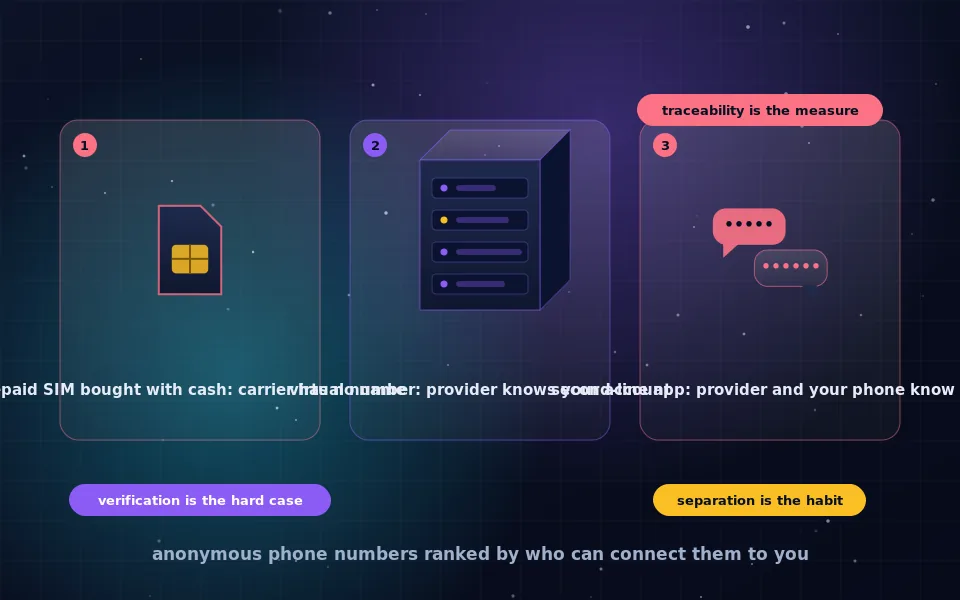 Illustration of anonymous phone numbers: three routes to a number, a prepaid SIM, a virtual number and an app, ranked by how many parties can link them to a person