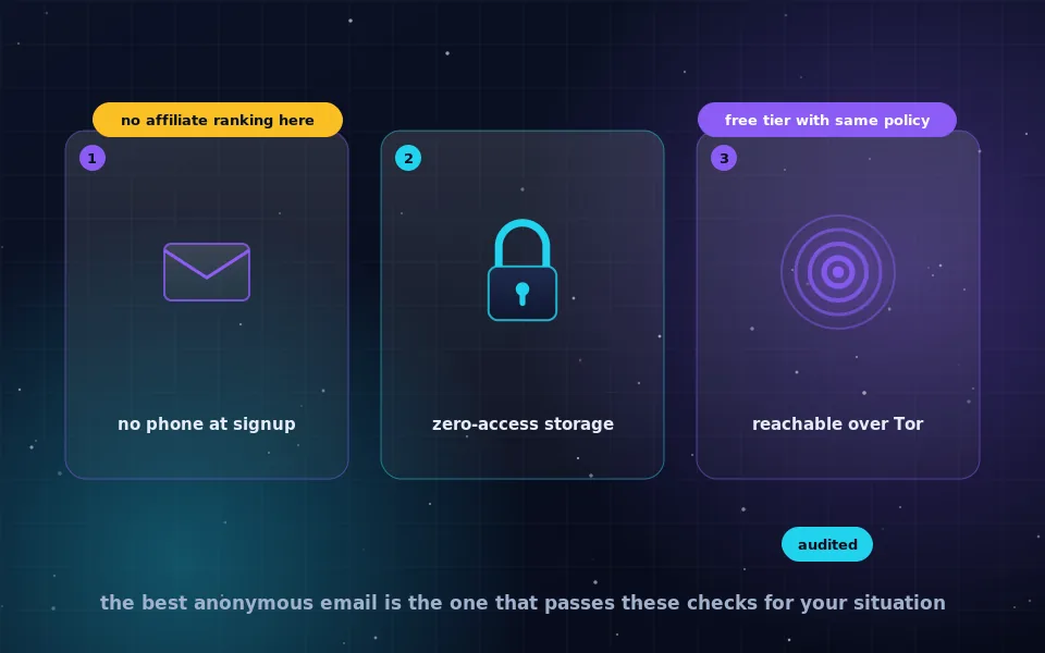 Illustration of judging anonymous email providers: three envelope cards with checkmarks for no phone number, encrypted storage and Tor access
