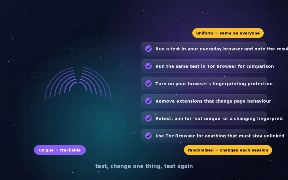 Illustration of a browser fingerprinting check: a report card listing browser attributes with a uniqueness meter, next to a browser with shields raised