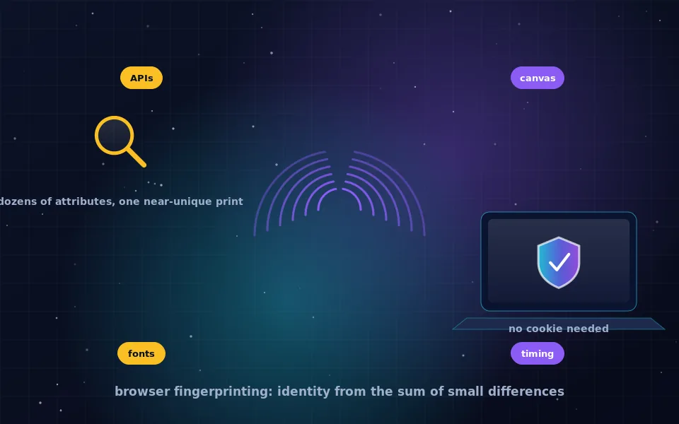 Illustration of browser fingerprinting: a fingerprint composed of browser attributes such as fonts, canvas rendering, screen size and time zone, being read by a tracking script