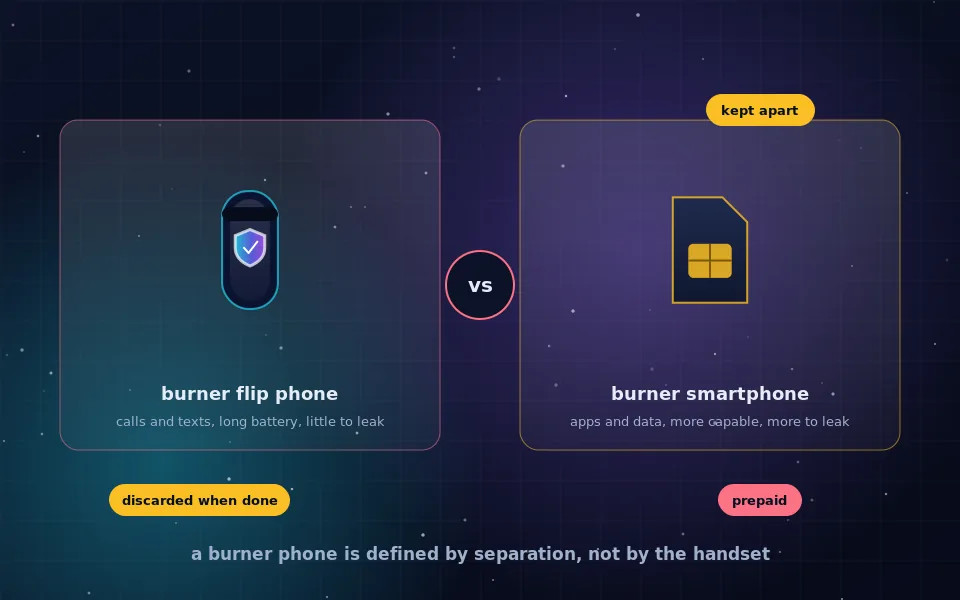 Illustration of a burner phone: a simple prepaid phone with a SIM card, a cash icon and a dotted line separating it from a personal smartphone