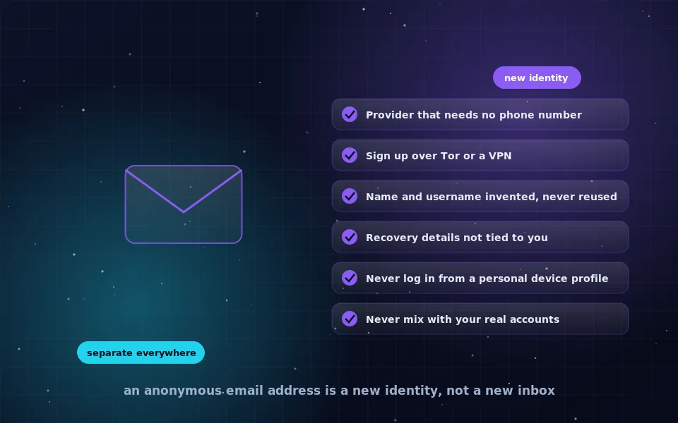 Illustration of creating an anonymous email address: an envelope with a mask-like crossed-out eye, a Tor circuit in the background and a checklist of setup steps