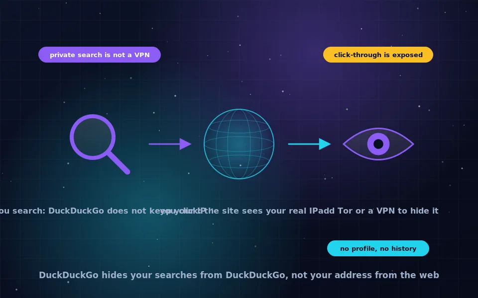 Illustration showing a search query reaching DuckDuckGo with the IP address not stored, then a click reaching a website that sees the visitor's real IP address