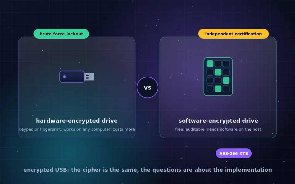 Illustration of an encrypted USB drive with a keypad and a fingerprint sensor next to an ordinary USB drive with a software lock, both labelled AES-256