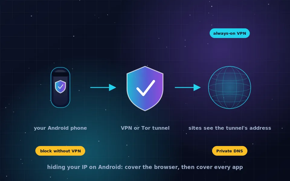 Illustration of an Android phone with its IP address masked, traffic from browser and apps flowing through a tunnel, and a checklist of leak points beside it