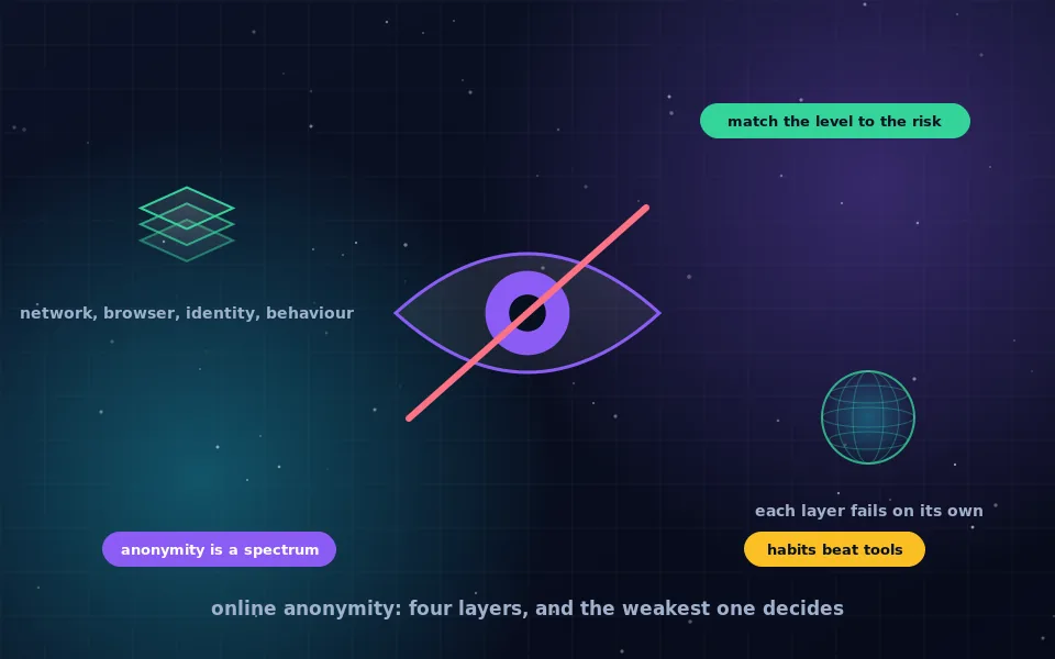 Illustration of online anonymity as layers: a figure behind concentric rings labelled network, browser, identity and behaviour, with an eye outside unable to see through