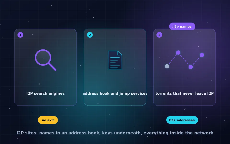 Illustration of finding I2P sites: a search magnifier over a mesh of network nodes, an address book document and a torrent-style file transfer staying inside the network boundary
