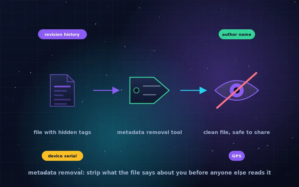 Illustration of metadata removal: a photo and a document with tags for location, name, device and dates being stripped away before an upload arrow