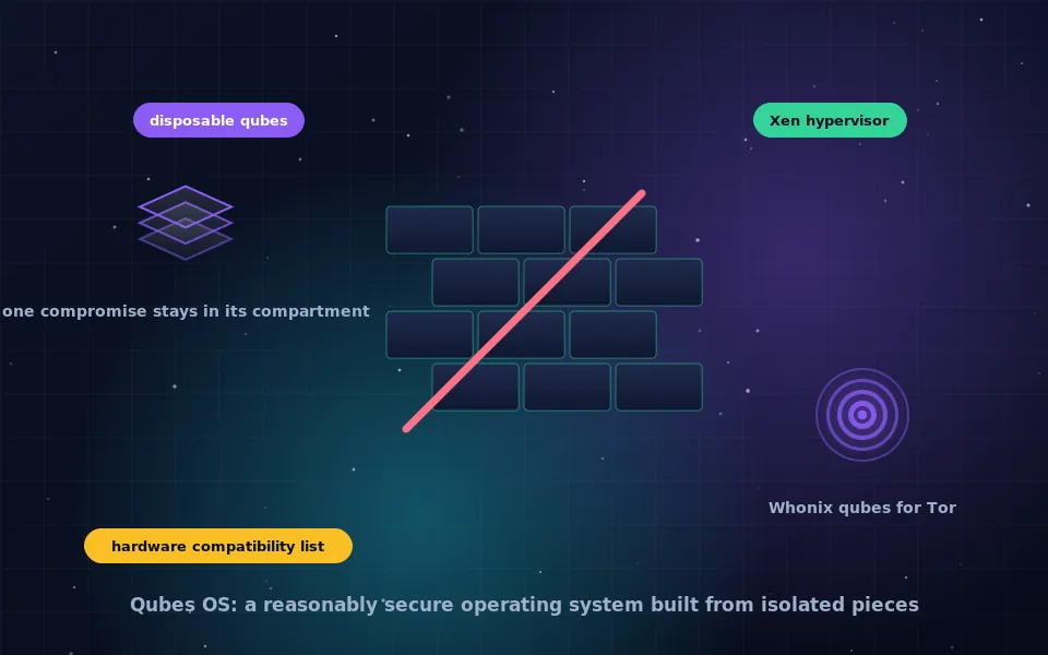 Illustration of Qubes OS: a grid of colour-coded isolated compartments on one screen, with a Whonix Tor compartment among them and a laptop underneath