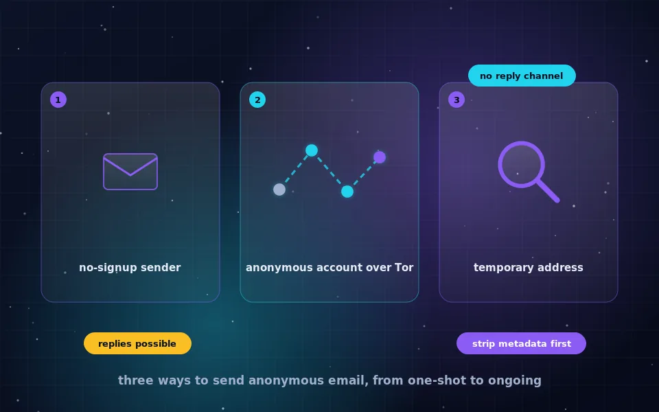 Illustration of sending an anonymous email: an envelope flying out of a Tor relay circuit toward a recipient, with a paperclip attachment icon and a crossed-out eye