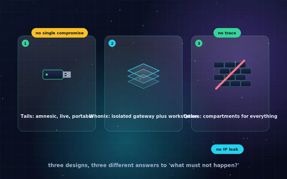 Comparison illustration of Tails, Whonix and Qubes: a USB stick that forgets, two linked virtual machines with a Tor gateway, and a grid of coloured isolated compartments