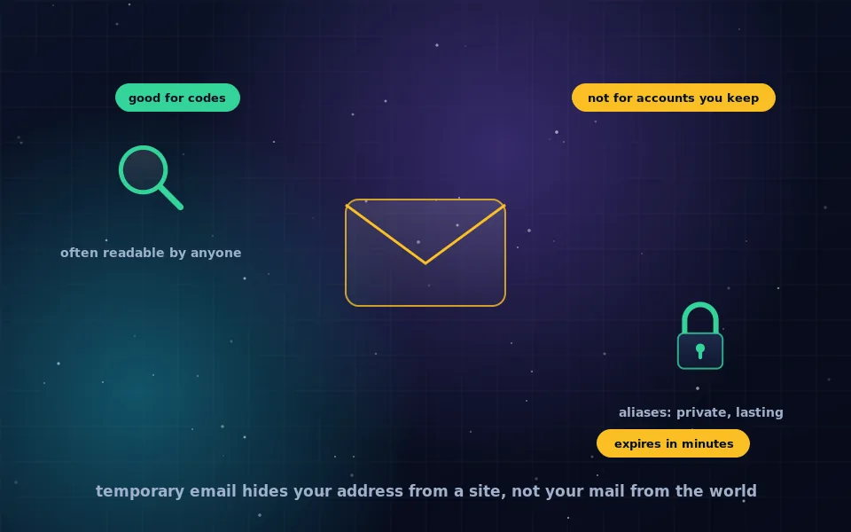 Illustration of a temporary anonymous email inbox: an envelope with a countdown timer, a verification code message and a warning that the mailbox is shared