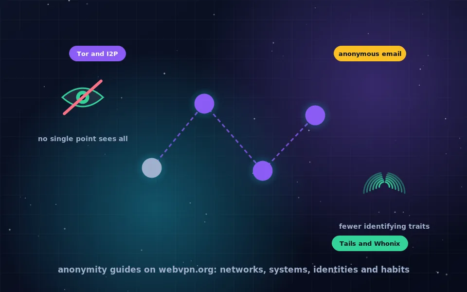 Anonymity topic hub illustration: a Tor-style relay circuit passing through three nodes with a crossed-out eye, an envelope and a fingerprint around it