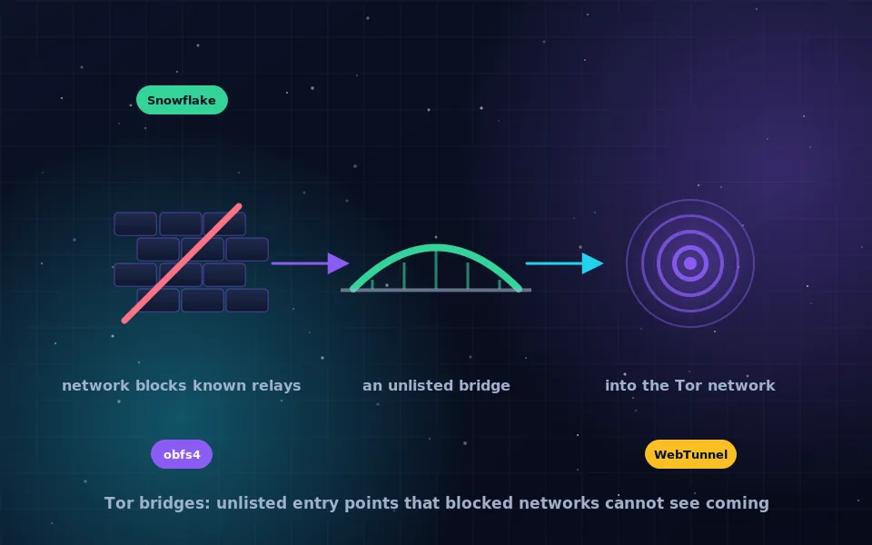 Illustration of a Tor bridge: a bridge arch carrying a connection over a wall that blocks the public Tor relays, leading into the onion network