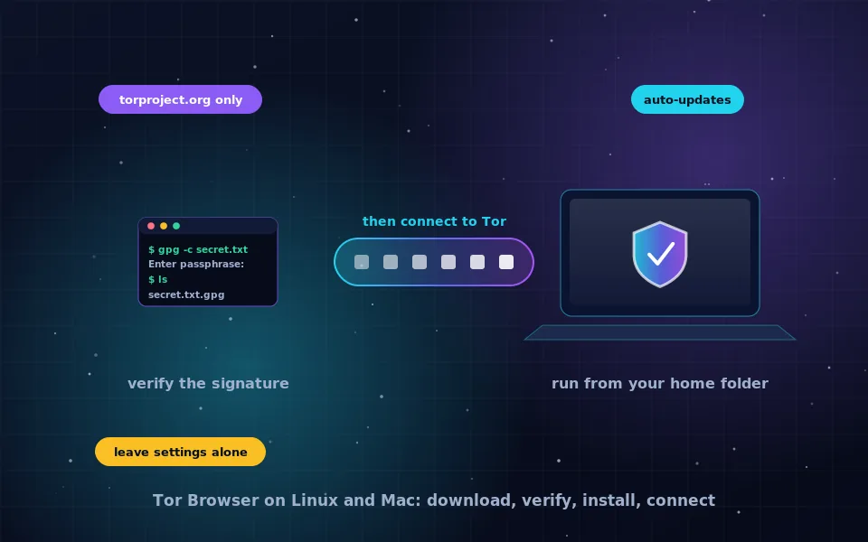 Illustration of installing Tor Browser on a laptop: a terminal window with a signature verification command beside an onion icon and a download shield