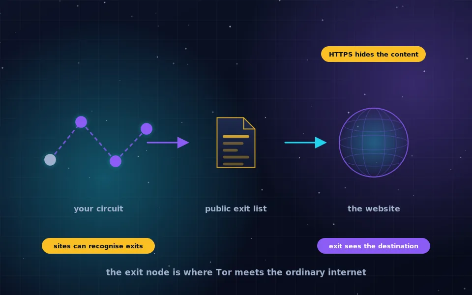 Illustration of a Tor exit node: the last relay in a circuit handing a request to a website, with a public list document and a padlock showing HTTPS protecting the content