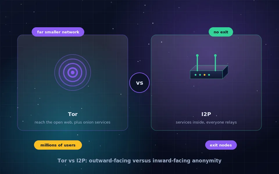 Comparison illustration of Tor and I2P: on the left a circuit through three relays reaching a globe, on the right a mesh of routers with services inside the network boundary