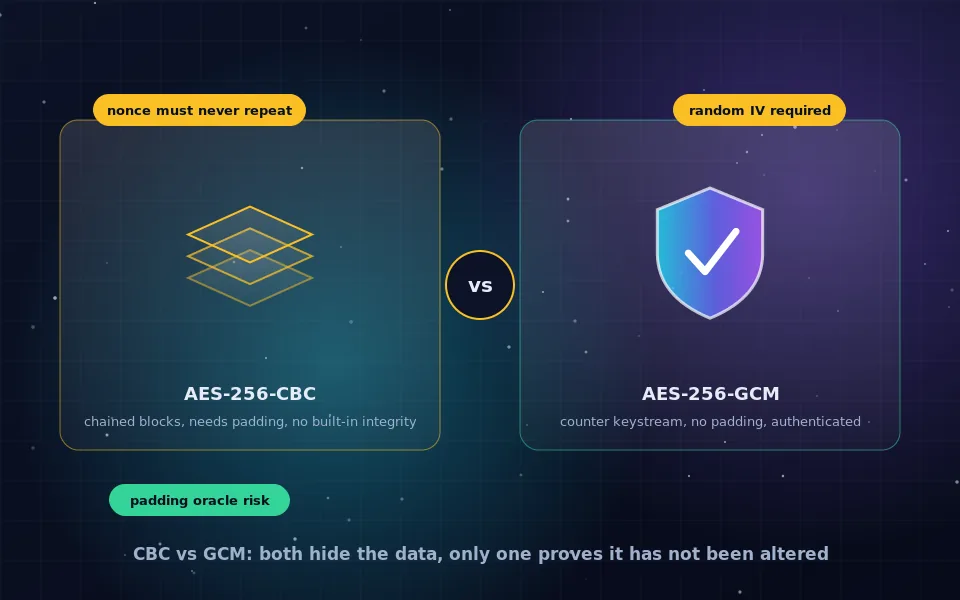 Illustration comparing AES-CBC, with blocks chained through XOR of the previous ciphertext, and AES-GCM, with a counter keystream and an authentication tag
