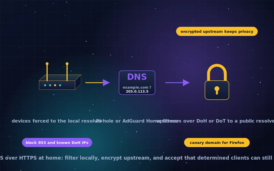 Illustration of blocking DNS over HTTPS: a home router steering devices to a Pi-hole or AdGuard Home box, which forwards upstream through an encrypted tunnel
