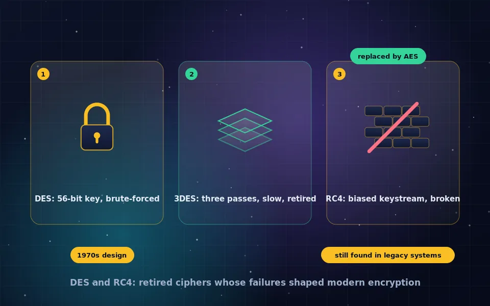 Illustration of legacy ciphers: a DES block with a short 56-bit key and an RC4 keystream, both marked retired, next to a modern AES lock