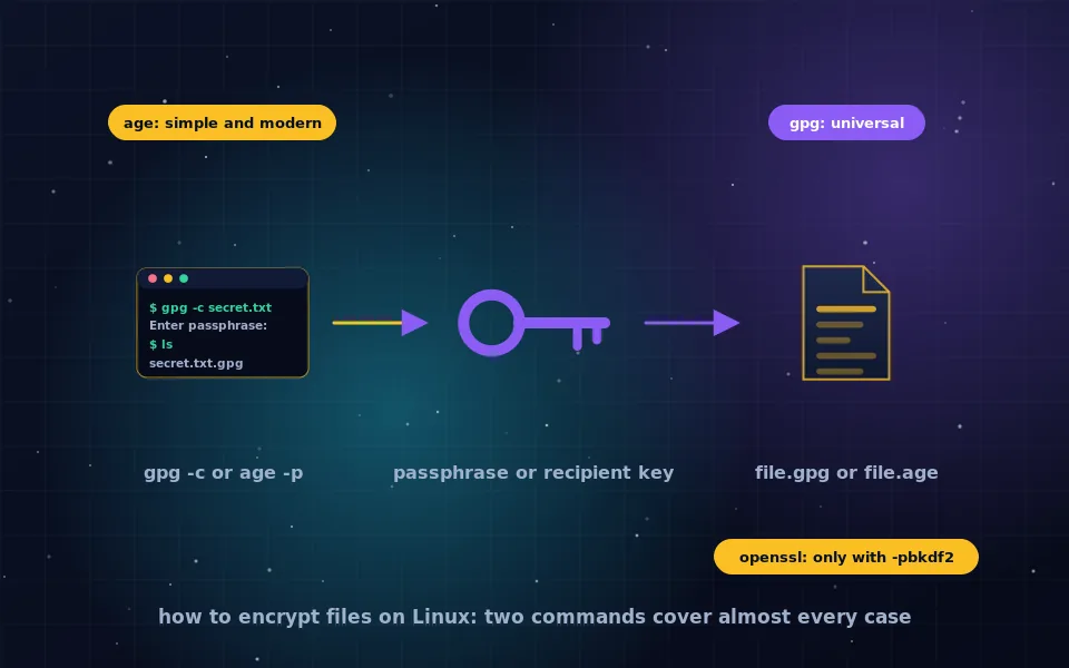 Illustration of encrypting files on Linux: a terminal window with gpg and age commands turning a text file into a sealed encrypted file