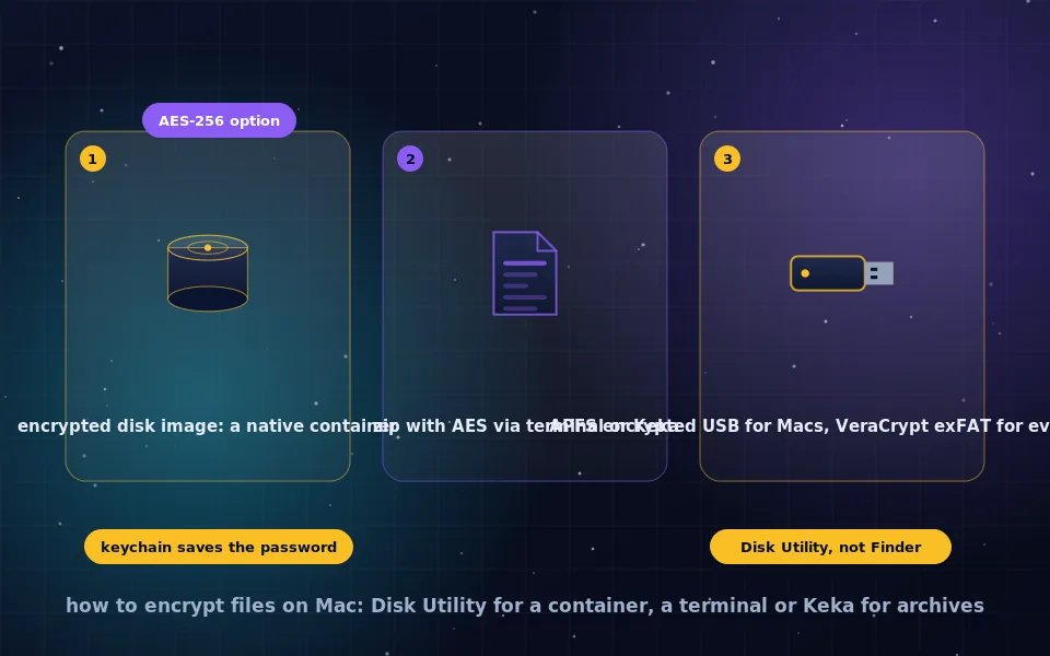 Illustration of encrypting files on a Mac: a sparse disk image with a lock, a zip archive with a password, and an encrypted USB drive next to a MacBook