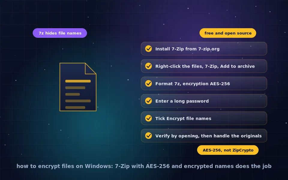 Illustration of encrypting files on Windows: a folder compressed into a 7z archive with an AES-256 lock, beside a Windows laptop