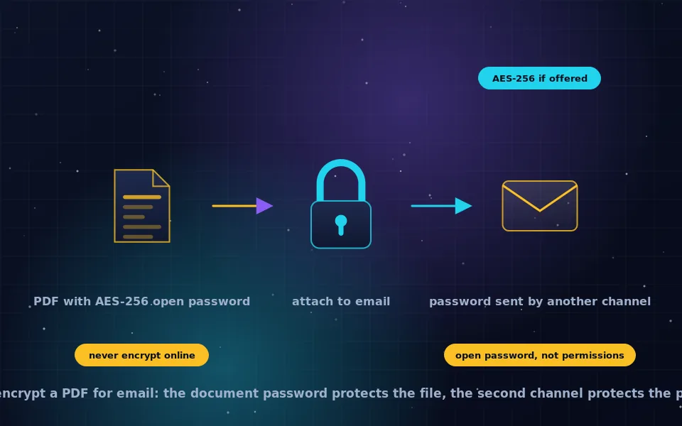 Illustration of encrypting a PDF for email: a PDF document with a lock icon attached to an email envelope, and a separate phone message carrying the password