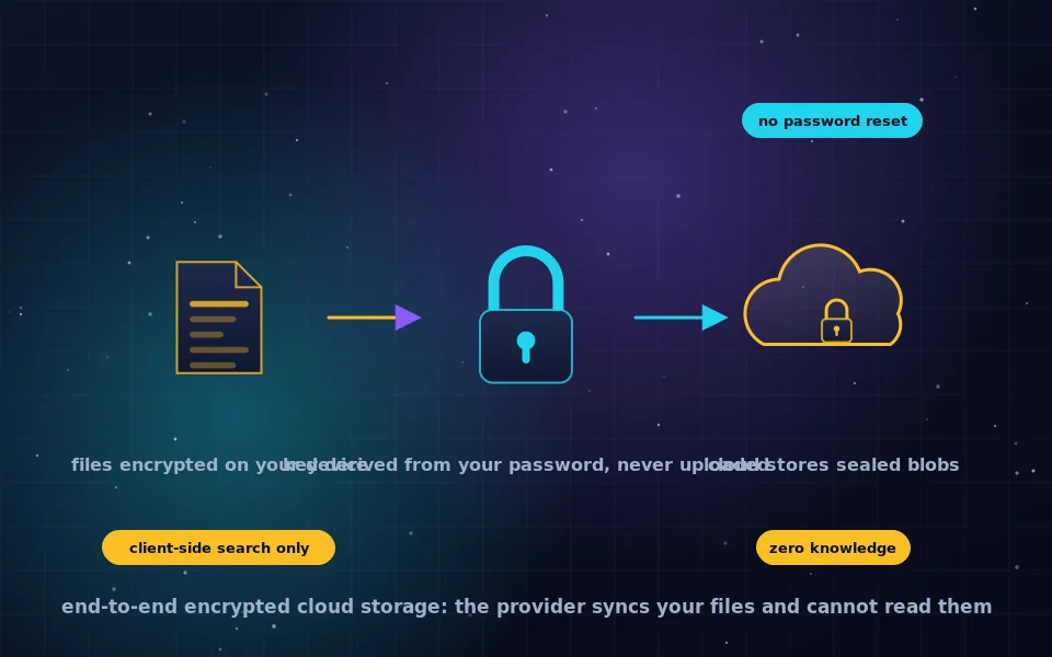 Illustration of end-to-end encrypted cloud storage: files locked on a laptop before uploading to a cloud that holds only sealed containers