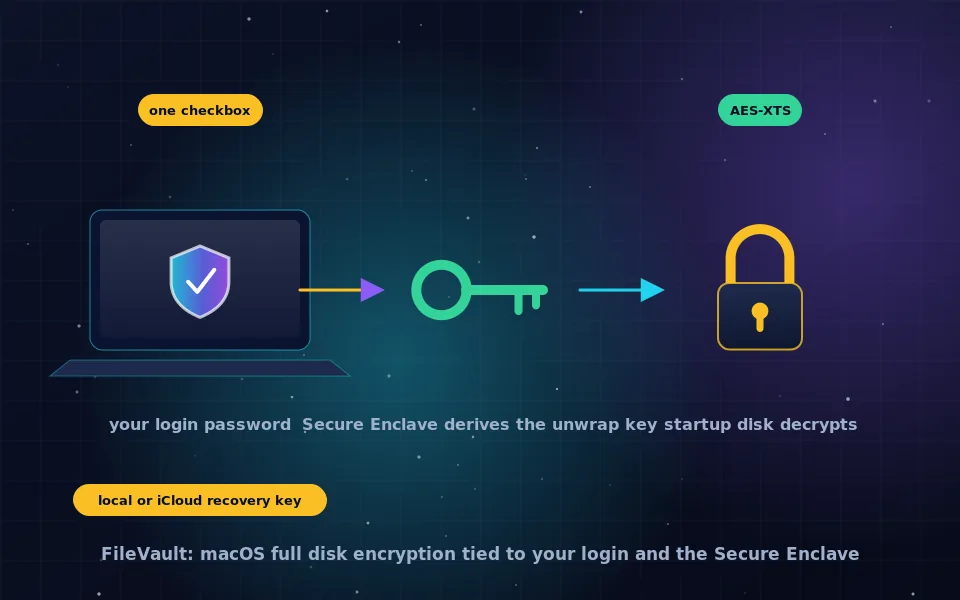 Illustration of FileVault: a MacBook with its drive sealed, unlocked by the user's password through a Secure Enclave chip, with a recovery key stored separately