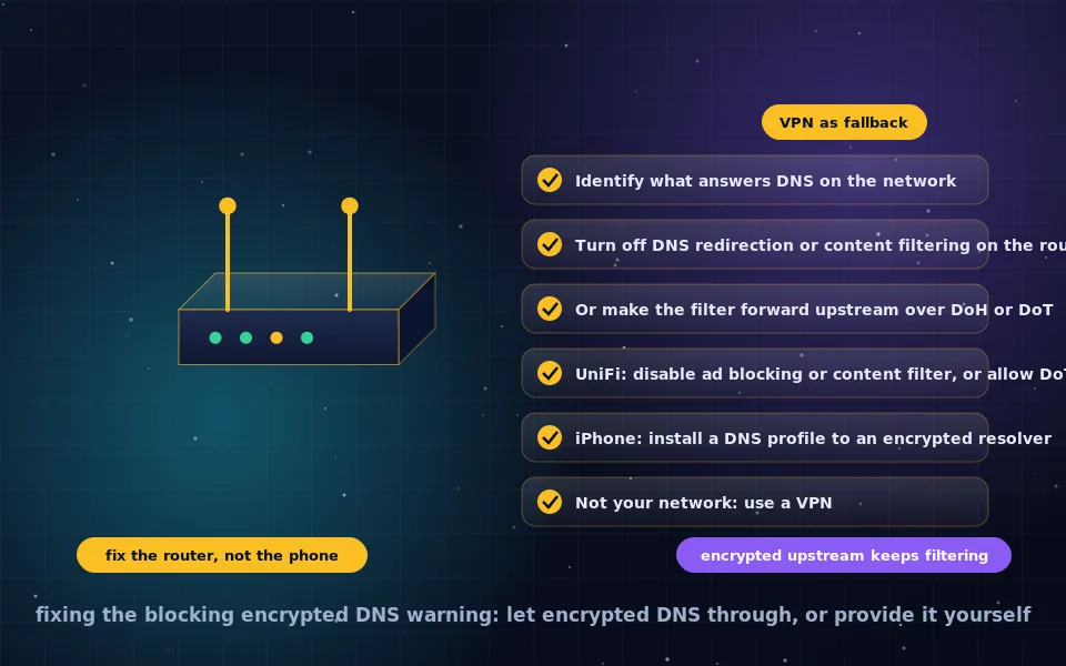 Illustration of fixing blocked encrypted DNS: a router settings panel with a DNS toggle, a Pi-hole box forwarding to an encrypted resolver, and an iPhone showing the warning cleared