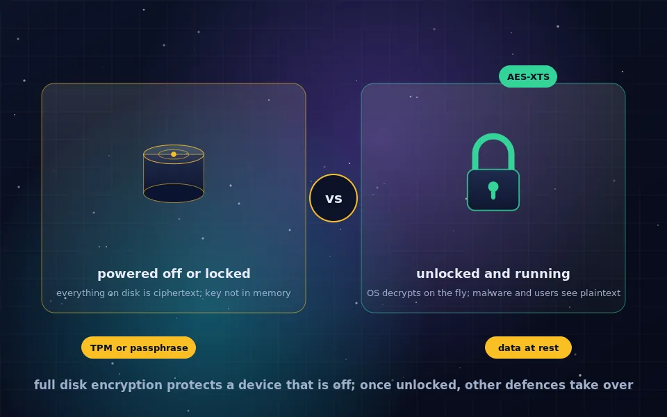 Illustration of full disk encryption: a laptop drive shown as an encrypted block, unlocked at boot by a key derived from a passphrase and a hardware chip