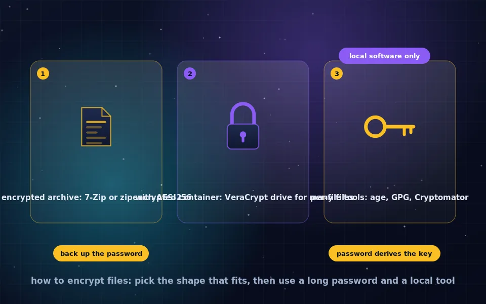 Illustration of file encryption: a document passing through a lock with a password key and emerging as scrambled blocks, with three tool icons beside it