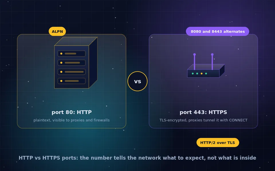Illustration of HTTP and HTTPS ports: two doors labelled 80 and 443 on a server, with plaintext entering the first and an encrypted tunnel entering the second