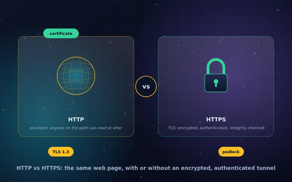 Illustration comparing HTTP, with readable requests exposed on the wire, and HTTPS, with the same requests inside an encrypted TLS tunnel secured by a certificate