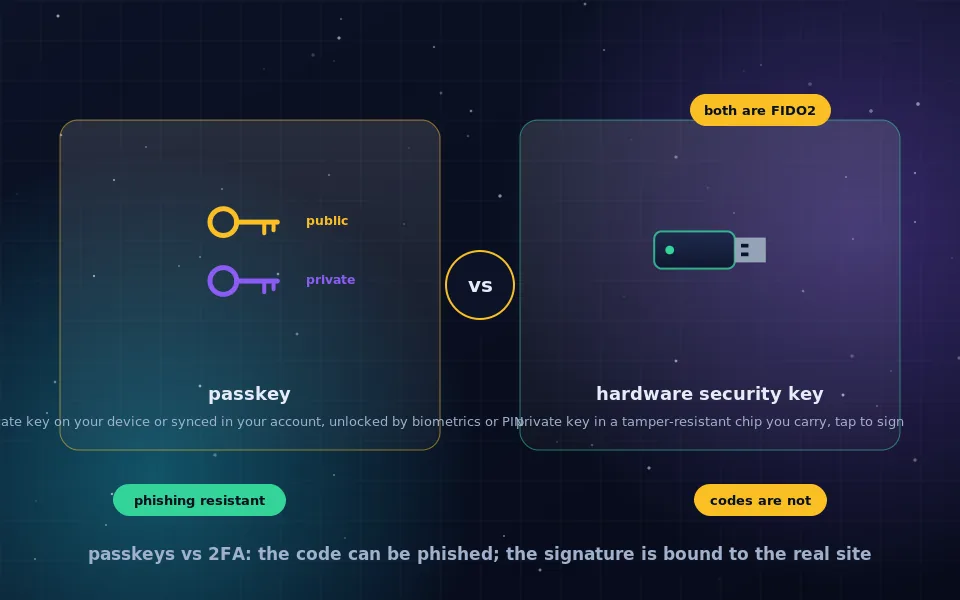 Illustration of passkeys versus 2FA: a phone showing a six-digit code crossed out, beside a hardware security key and a passkey prompt using public-key cryptography