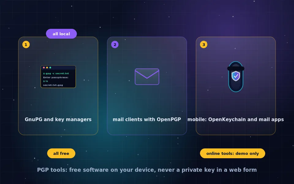Illustration of PGP tools: desktop key manager, mail client and terminal all holding a key locally, beside a browser window marked as untrusted for private keys