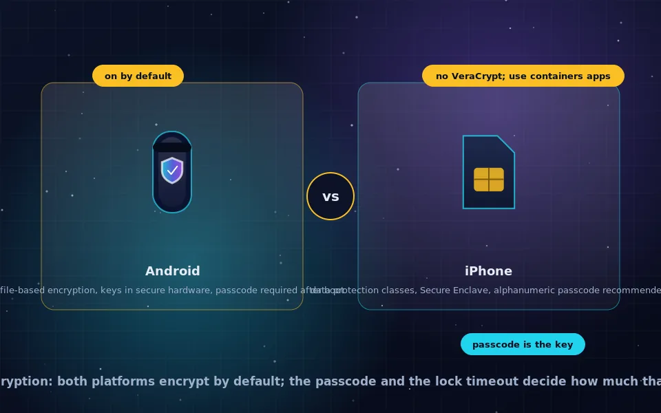 Illustration of phone encryption: an Android phone and an iPhone each with a locked storage chip tied to a passcode, and an encrypted file container app on both