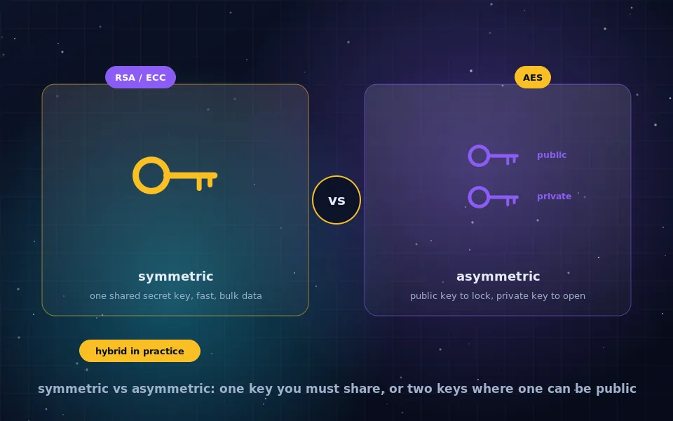 Illustration comparing symmetric encryption with a single shared key and asymmetric encryption with a public key locking and a private key unlocking