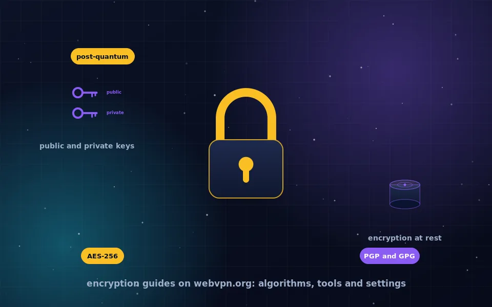 Encryption topic hub illustration: a padlock in the centre with a public and private key pair, a hard disk and an atom symbol for post-quantum cryptography around it