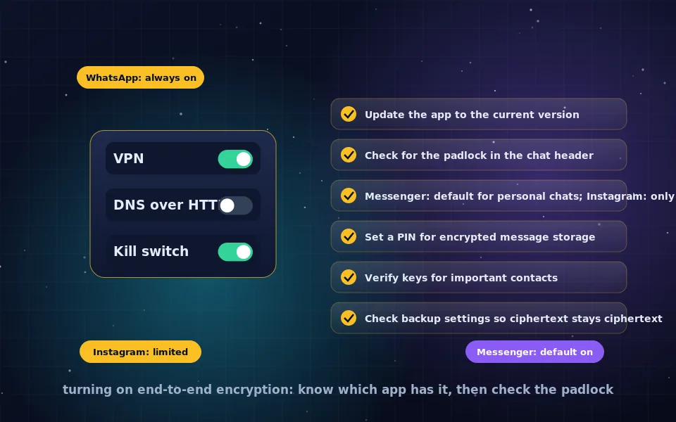 Illustration of turning on end-to-end encryption: a chat settings screen with an encryption toggle switched on and a padlock appearing over the conversation