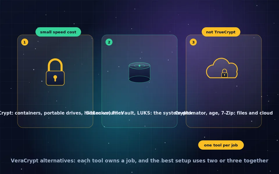 Illustration of VeraCrypt alternatives: a central VeraCrypt lock surrounded by BitLocker, LUKS, Cryptomator and archive icons, with arrows to their best use cases