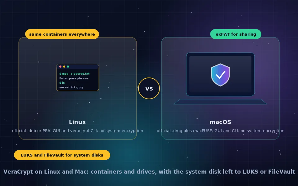 Illustration of VeraCrypt on Linux and Mac: a Tux-style laptop and a Mac laptop both mounting the same encrypted container from a USB drive