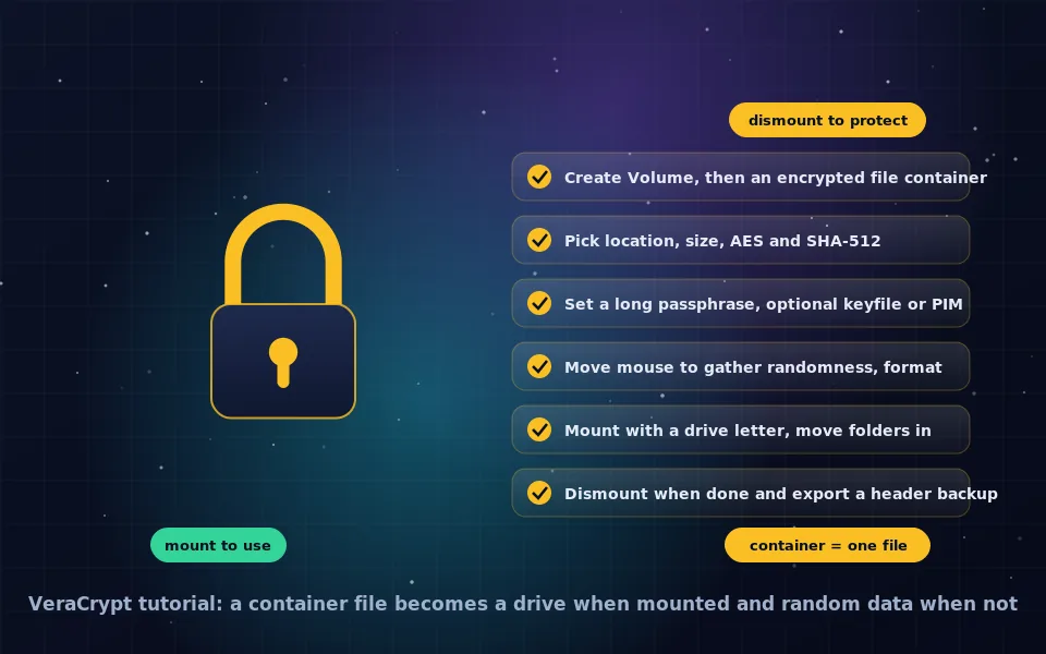 Illustration of a VeraCrypt tutorial: a wizard creating a container file, a folder of documents moving into a mounted drive, and a hidden volume nested inside