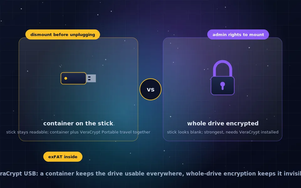 Illustration of VeraCrypt USB encryption: a flash drive split into a small portable VeraCrypt folder and a large encrypted container, plugging into different laptops