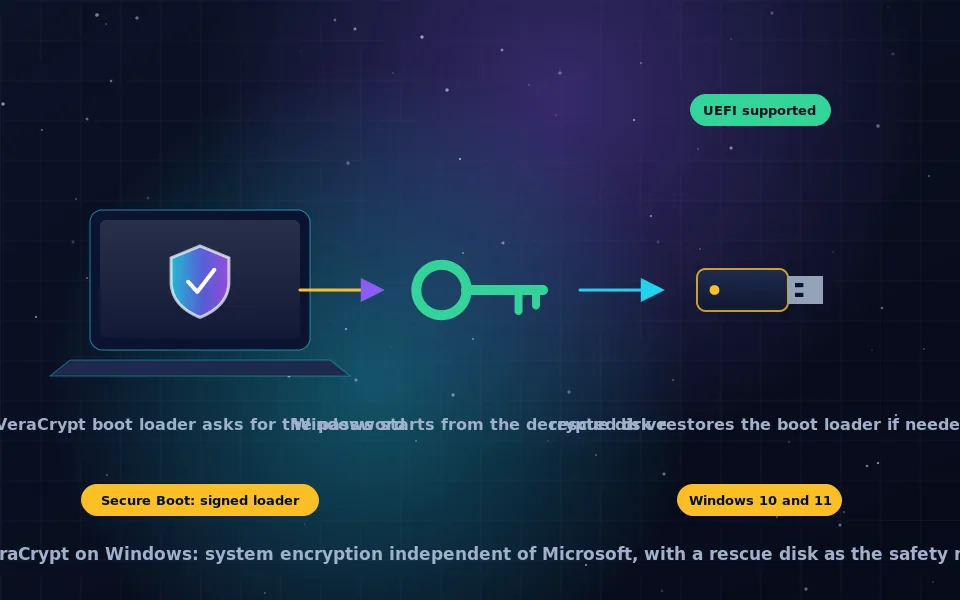 Illustration of VeraCrypt on Windows: a boot screen asking for a password before the Windows logo, a rescue disk on a USB stick, and an installer window