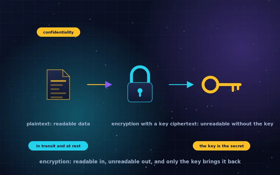 Illustration of encryption: readable text passing through a lock with a key and emerging as scrambled ciphertext, with the reverse path for decryption
